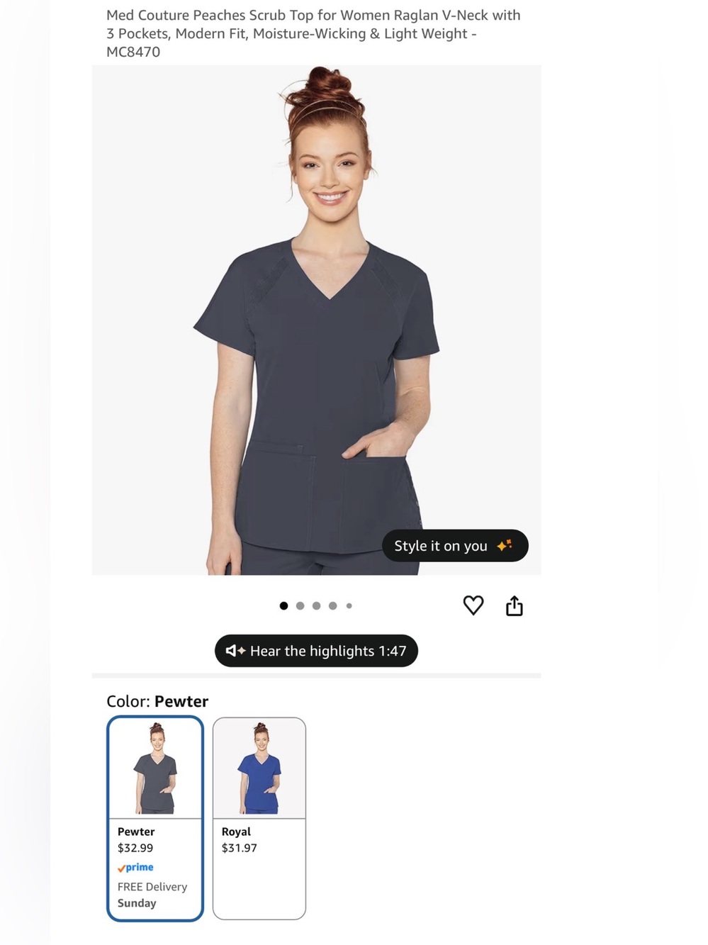 Med Couture Peaches V-Neck Scrub Top in Pewter